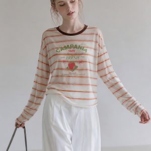 Orange Striped Print Crew Neck Long Sleeve T-Shirt for Women Early Autumn 2026 Chic Top