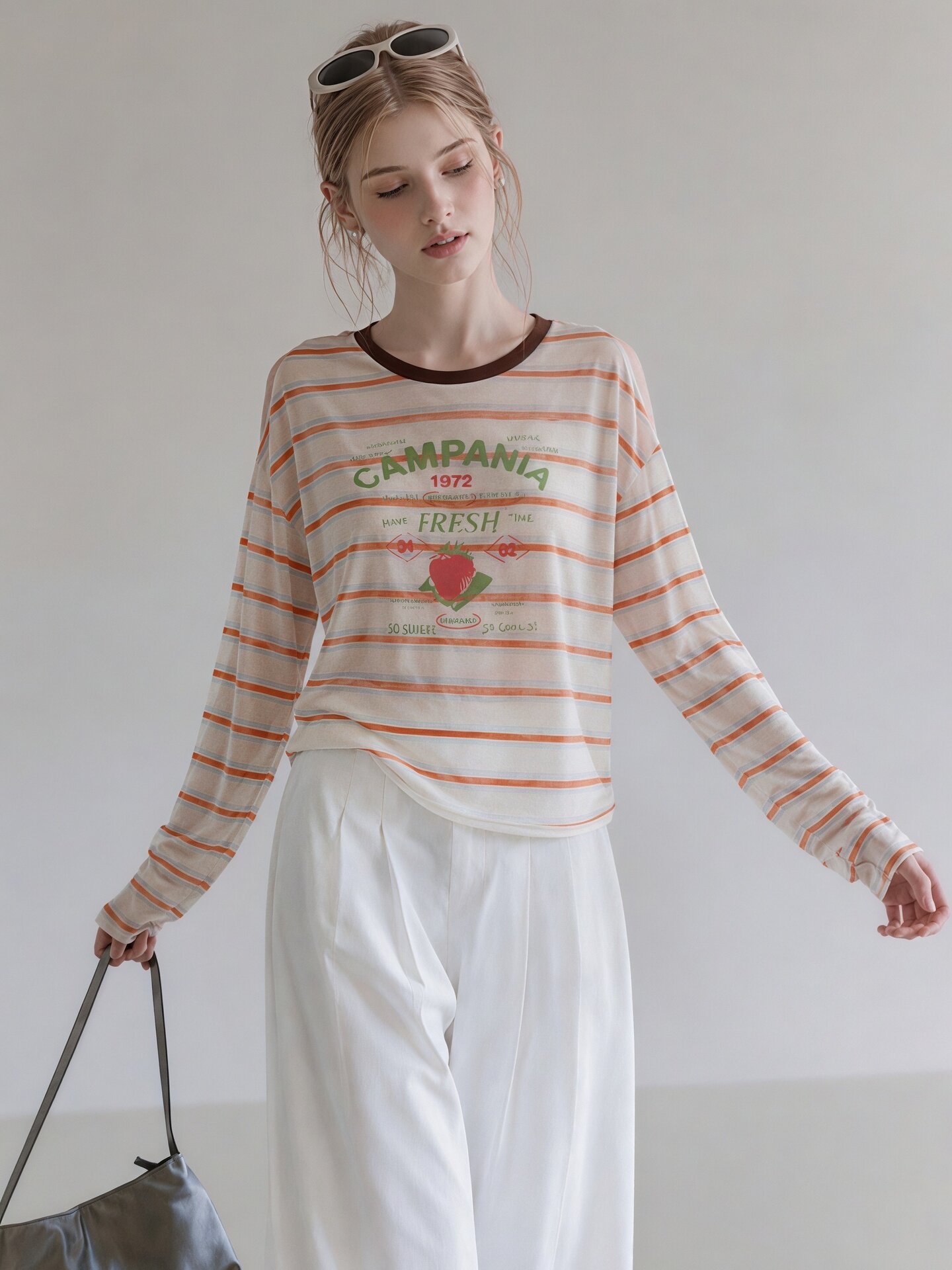 Orange Striped Print Crew Neck Long Sleeve T-Shirt for Women Early Autumn 2026 Chic Top