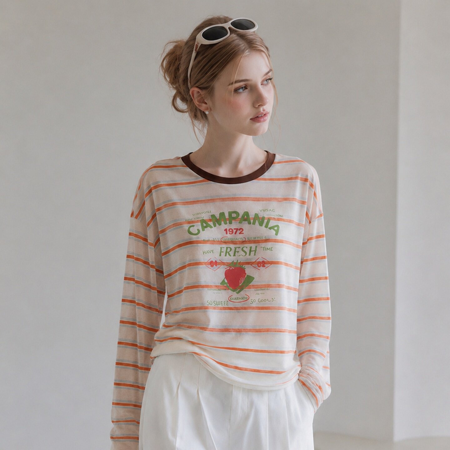 Orange Striped Print Crew Neck Long Sleeve T-Shirt for Women Early Autumn 2026 Chic Top - Image 5