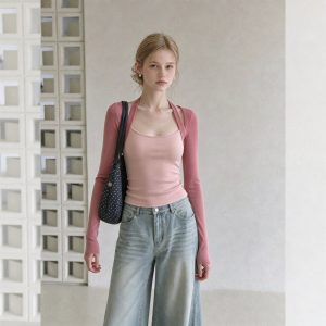 Peach Pink Halter Neck Long Sleeve T-Shirt for Women Autumn 2026 Slim Korean Chic Sweet Top