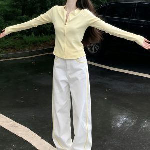 Women's Yellow Zip-Up Fitted Cardigan Long Sleeve T-Shirt 2026 Fall Casual Top