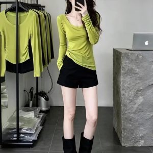Women's 2026 Autumn Avocado Green Slim Fit Long Sleeve U-Neck T-Shirt