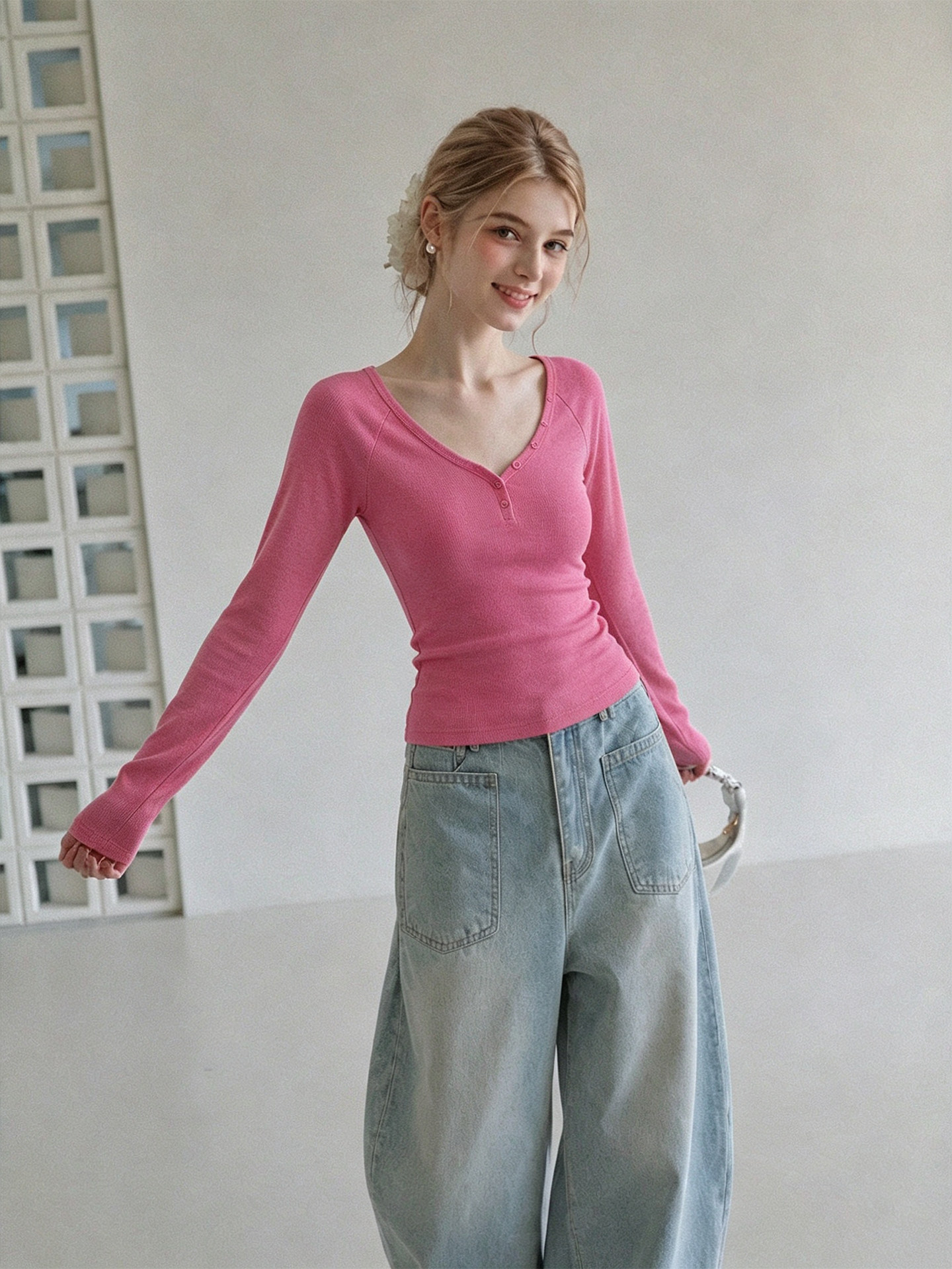 Women's Long Sleeve Cotton T-Shirt Raspberry Pink Fall 2026