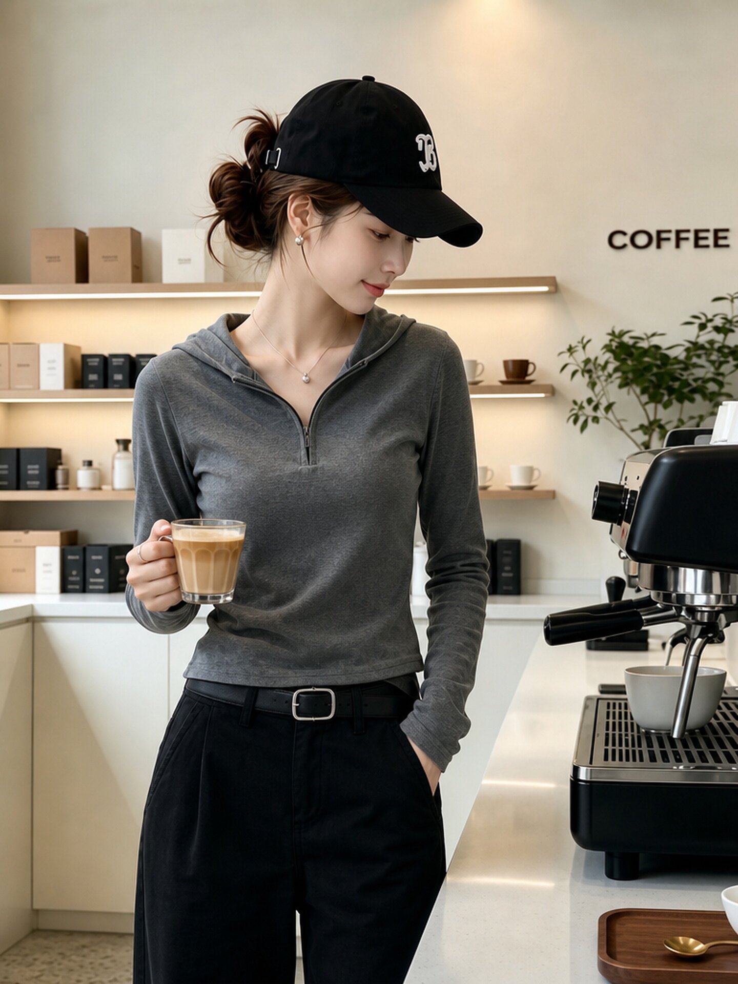 Women's Gray Half-Zip Slim Fit Hooded Long Sleeve T-Shirt 2026 Early Fall Casual Top - Image 4