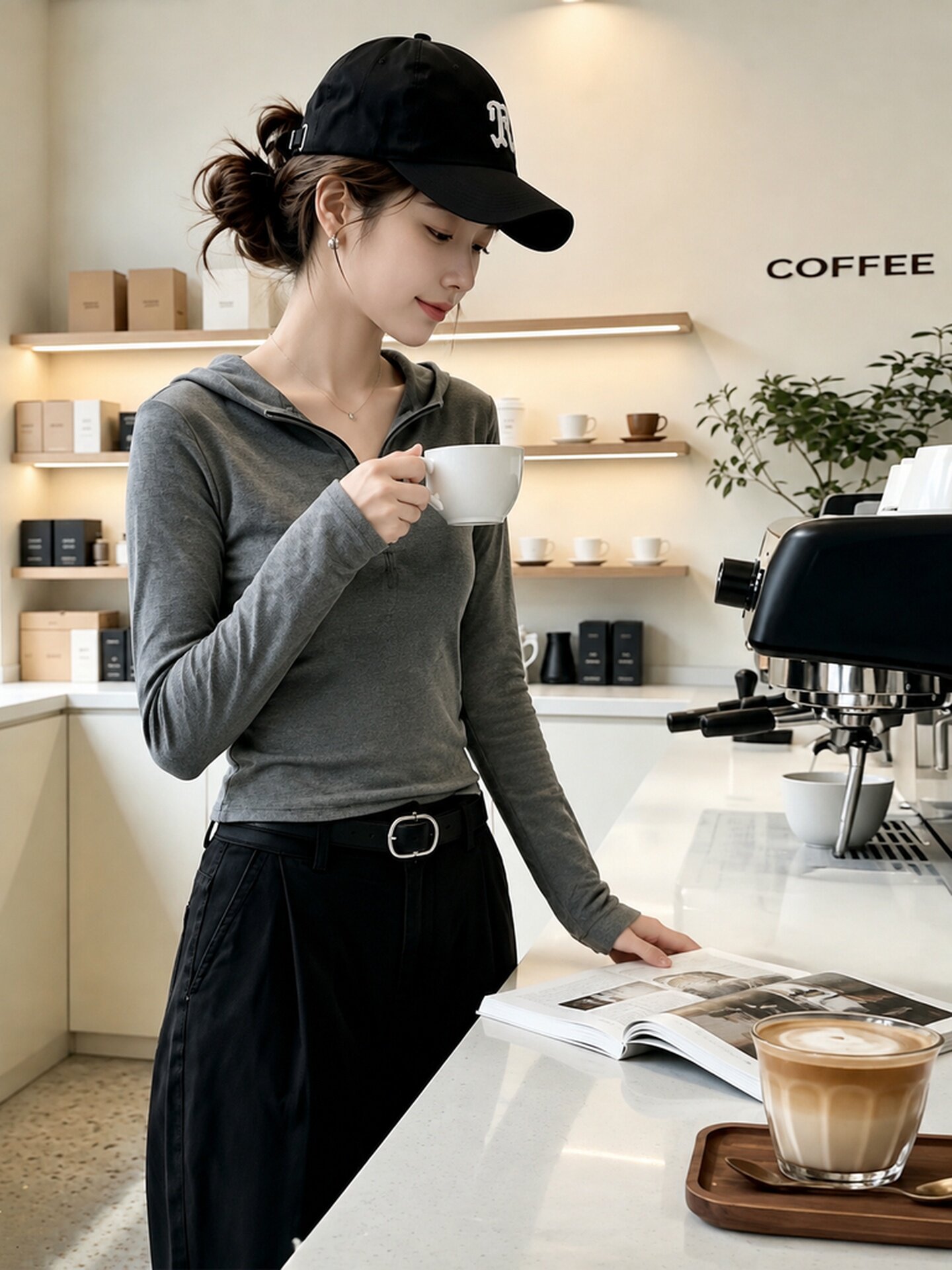 Women's Gray Half-Zip Slim Fit Hooded Long Sleeve T-Shirt 2026 Early Fall Casual Top - Image 3