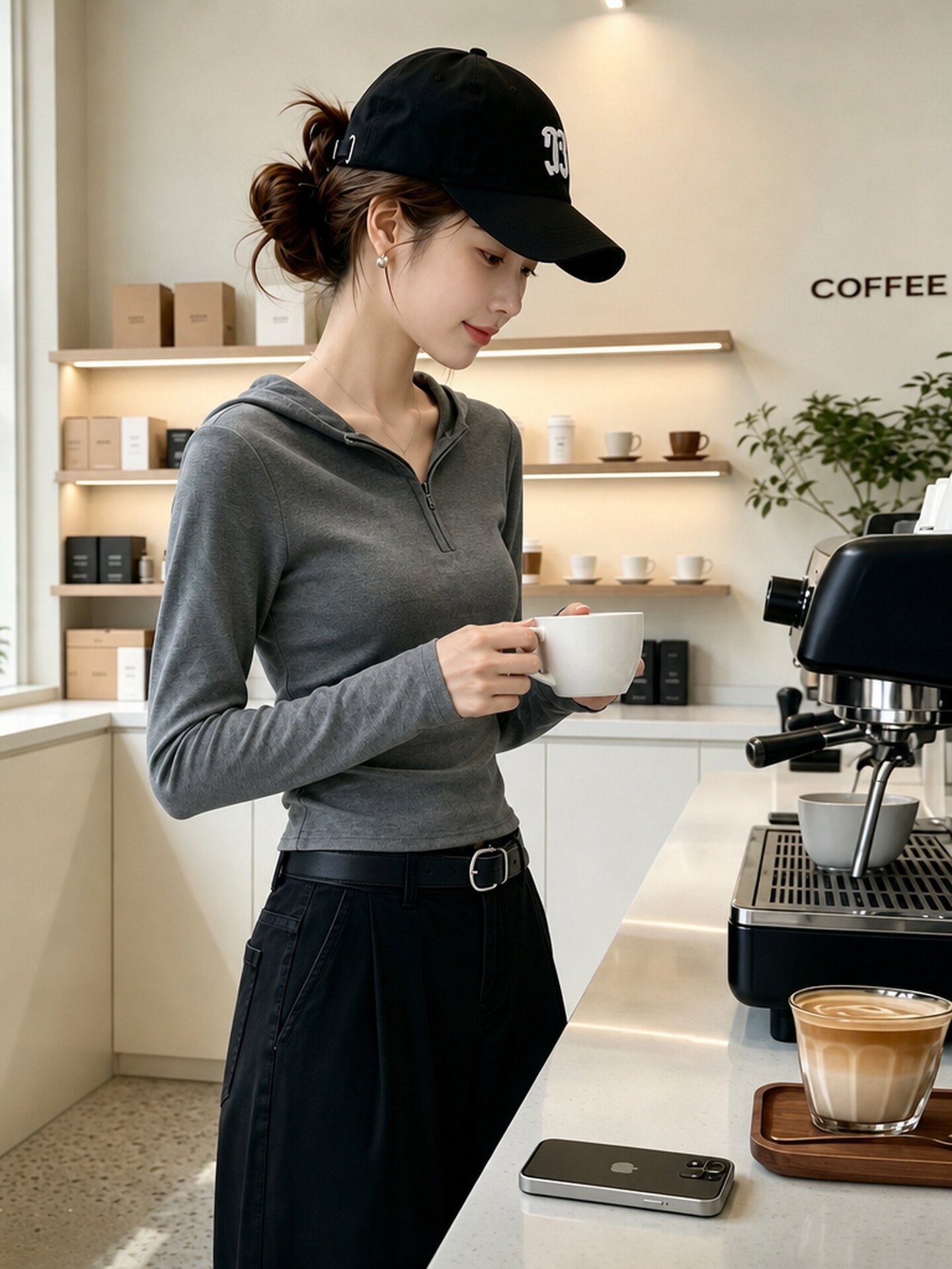 Women's Gray Half-Zip Slim Fit Hooded Long Sleeve T-Shirt 2026 Early Fall Casual Top - Image 2