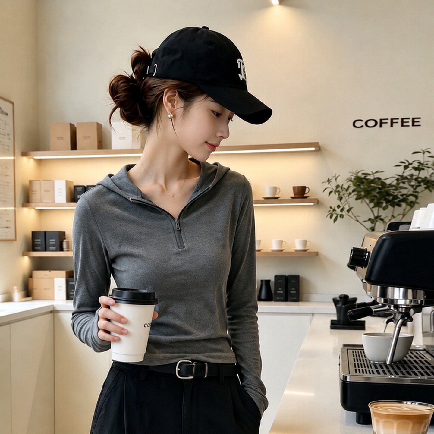 Women's Gray Half-Zip Slim Fit Hooded Long Sleeve T-Shirt 2026 Early Fall Casual Top - Image 5
