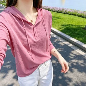 Pink Hooded Loose Long Sleeve T-Shirt Women 2026 Early Autumn Korean Style